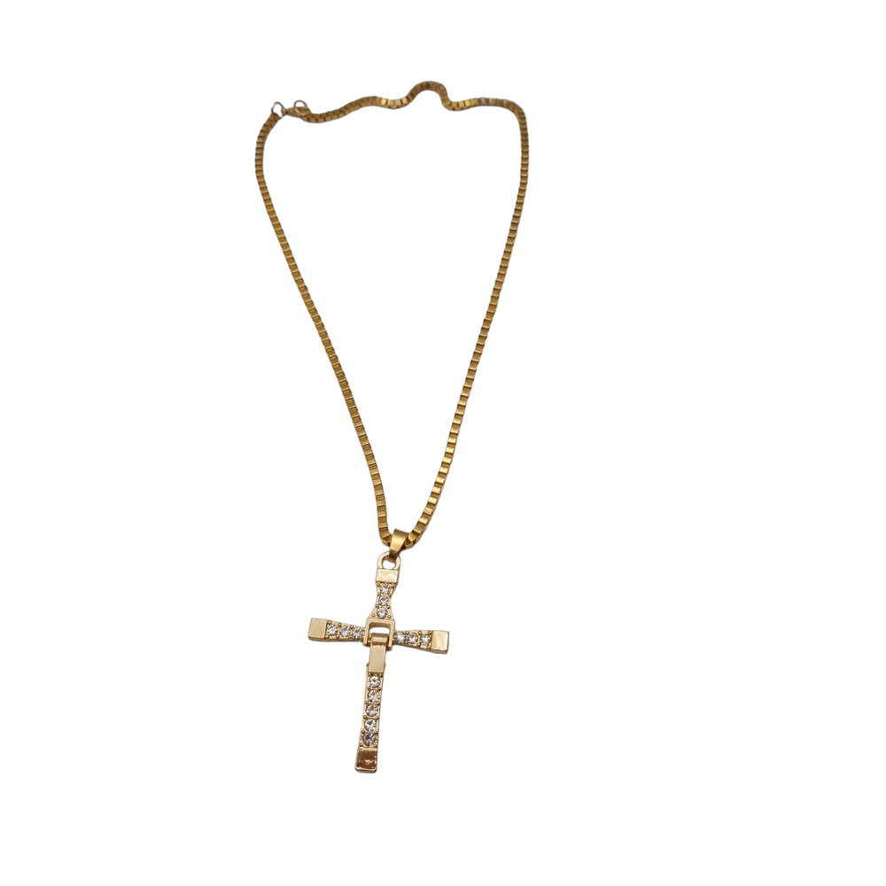 Costume Jewelry Gold Cross Box Chain Rhinestones